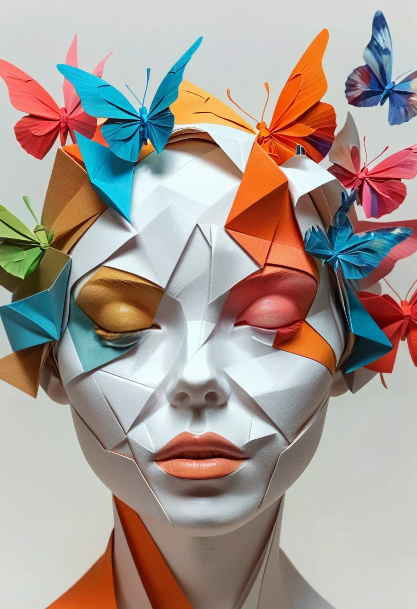 a cubist portrait of multiple overlapping and intersecting faces, origami-like folded paper textures, decomposed and recombined facial features, element fusion, shape cutting, multiple splicing, vibrant rich colors, spots, waves, folding, (best quality,4k,8k,highres,masterpiece:1.2),ultra-detailed,(realistic,photorealistic,photo-realistic:1.37),professional digital art