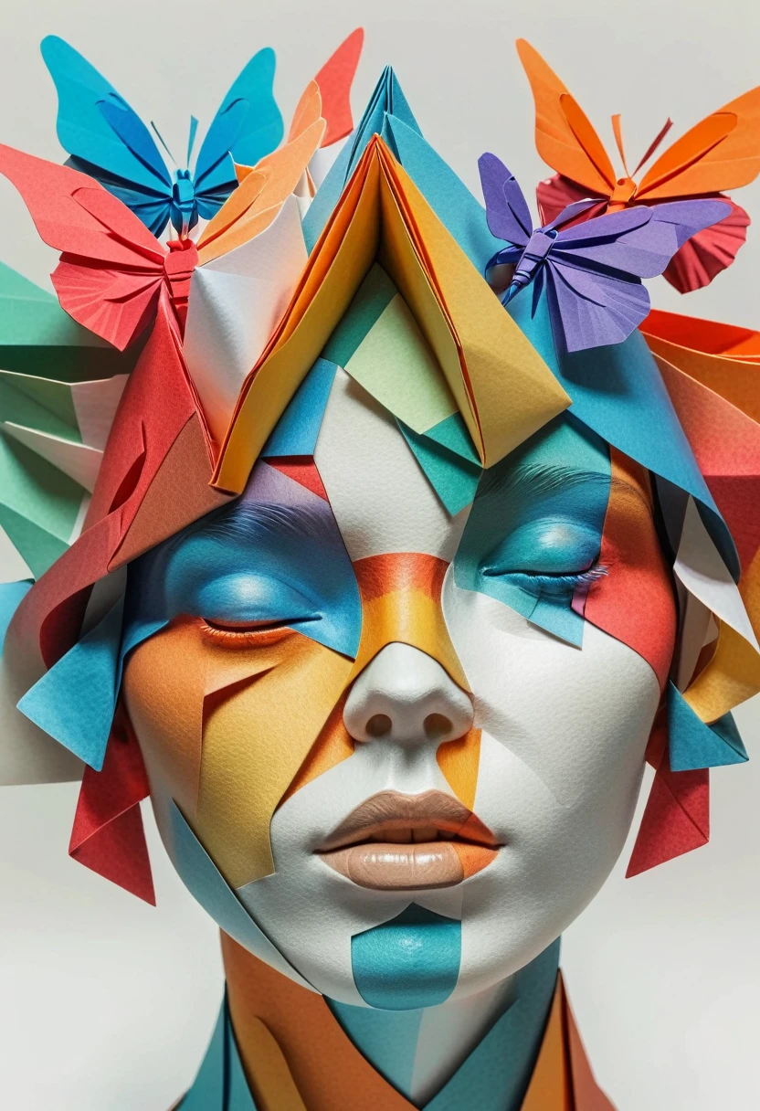 a cubist portrait of multiple overlapping and intersecting faces, origami-like folded paper textures, decomposed and recombined facial features, element fusion, shape cutting, multiple splicing, vibrant rich colors, spots, waves, folding, (best quality,4k,8k,highres,masterpiece:1.2),ultra-detailed,(realistic,photorealistic,photo-realistic:1.37),professional digital art