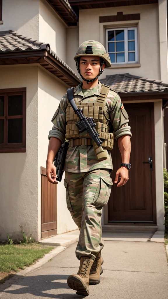 extremely detailed, strong soldier, walking in front of a house