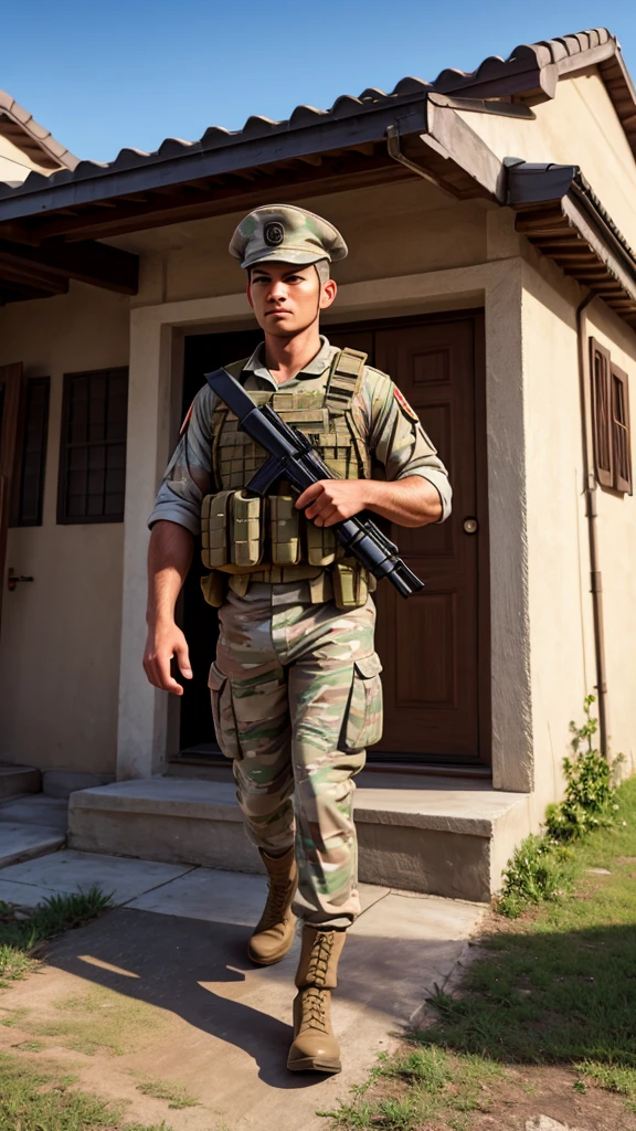 extremely detailed, strong soldier, walking in front of a house