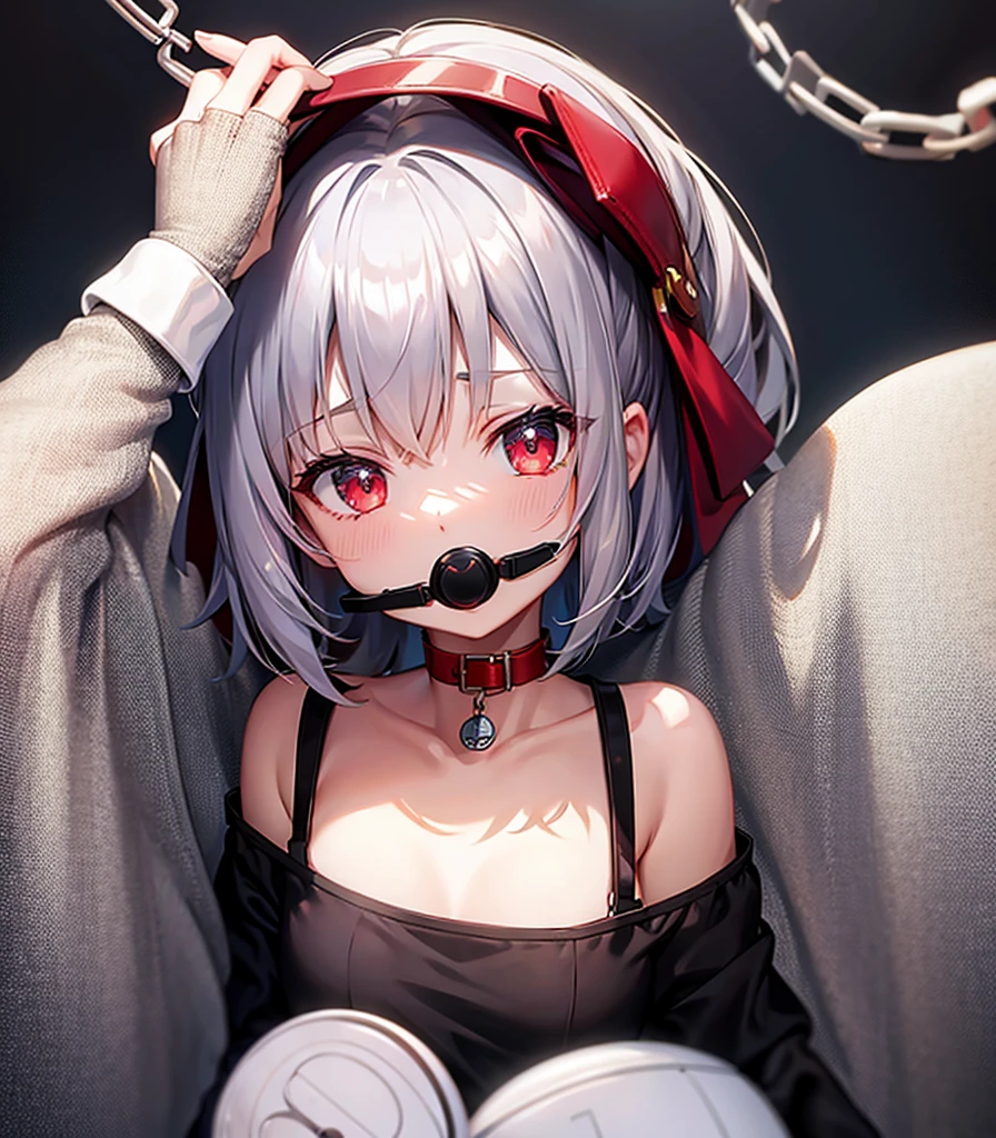 ((Red choker)),((padlock)),((Ball gag)),((Eye mask)),(SM),(In a naughty way),Cute little ,Tiny ,Small girl,,Childish face, Very fine clean face,Top quality, Subtle light, Soft lighting,Light from directly behind, With bust up,Front view,prison