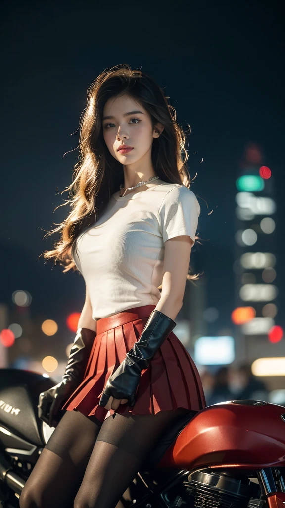 (((best quality))),(((very detailed))),(((masterpiece))),illustration,(1 beautiful girl,alone),((slim,thin)),((big bust,soft chest)),(crash helmet:1.3),shoulder length straight bob hair,slim 다리,cyberpunk, city streets,College student,(riding a motorcycle:1.3), smooth, (white collar short sleeve shirt:1.3),(Gloves:1.2),(Red color pleated skirt:1.3),(pantyhose:1.3), stylish boots, trust, crystal, dark street,neon lights, skyscrapers, city noise, traffic, Siren, sounds of the city, futuristic, Dystopian societies, technology, fashion, explosive cocktail, style, , modernity, demeanor, soul, anything is possible,((in front,upper body))