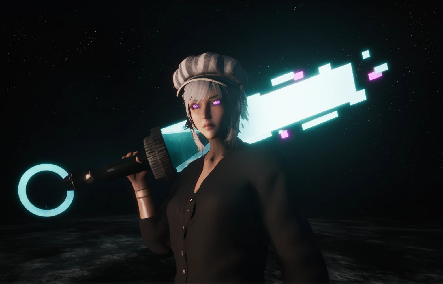 there is a woman holding a gun in a dark room, anime styled 3d, 4 k octan render, in game render, anime style. 8k, cinematic full character, glowing lens flare wraith girl, sci - fi character, 2 b, 2b, rendered in sfm, brandishing futuristic sword, dystopian sci-fi character, with cinematic lighting