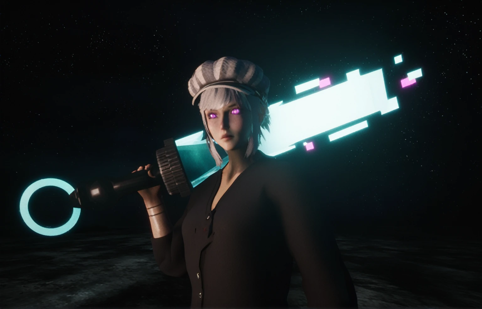 there is a woman holding a gun in a dark room, anime styled 3d, 4 k octan render, in game render, anime style. 8k, cinematic full character, glowing lens flare wraith girl, sci - fi character, 2 b, 2b, rendered in sfm, brandishing futuristic sword, dystopian sci-fi character, with cinematic lighting