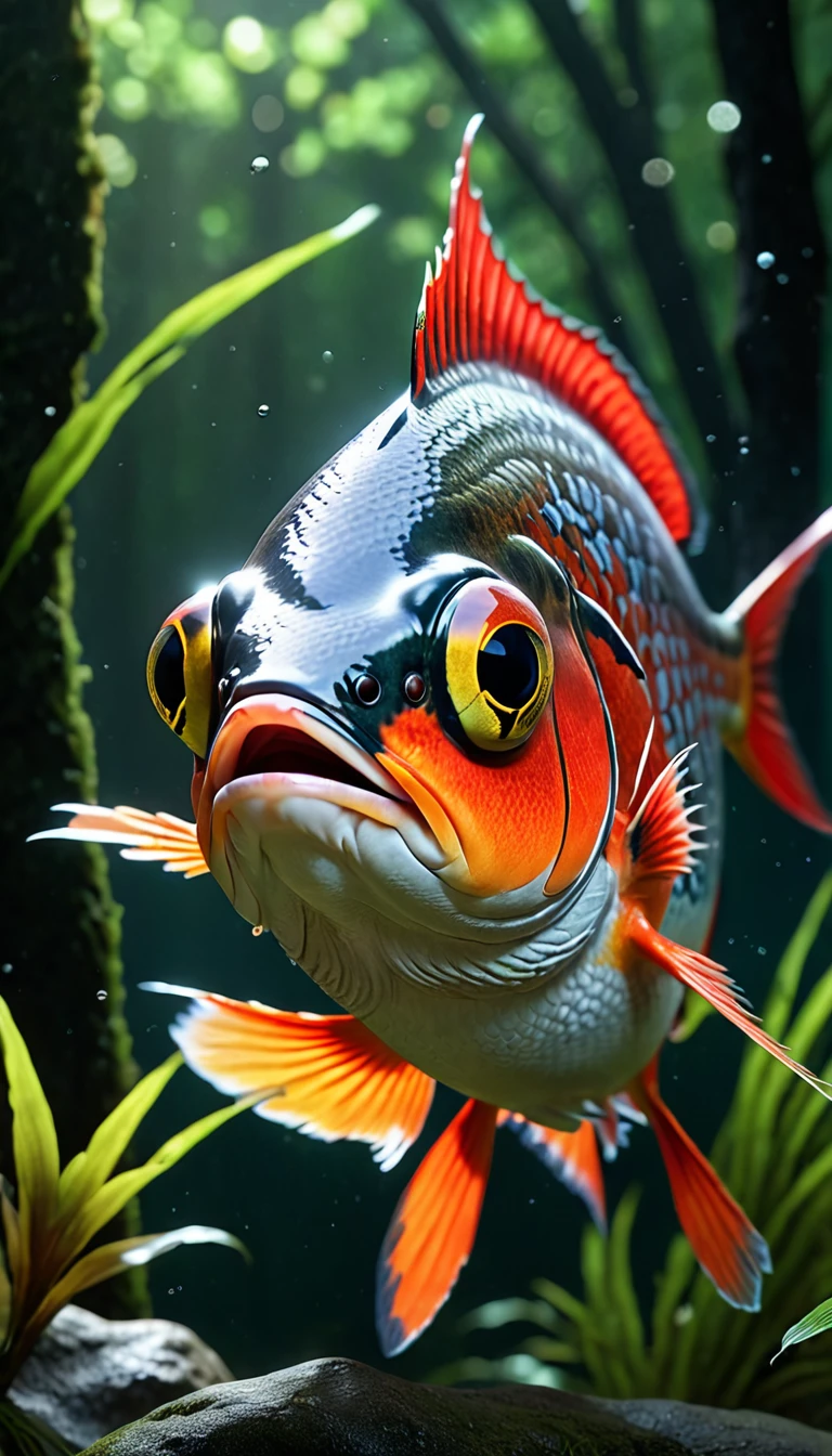 Panorama,河里有一种Mysterious Creatures:Red fish body and human face,Mysterious Creatures, shrike, (best quality,4K,8K,High level,masterpiece:1.2),Ultra Detailed,(lifelike,Photo real,Photo real:1.37),Highly detailed animals,Complex patterns,Realistic lighting,Fantasy Creatures