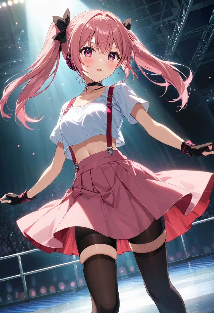 from front, (mediumshot:1),kujikawadancing, twintails, hair bow, headphones, white shirt, crop top, short sleeves, suspenders, pink skirt, black thighhighs, fingerless gloves, single glove, choker, midriff,navel. Zettai ryoiki, ,,,cinematic angle, anime screencap:0.8, official art, masterpiece, best quality,UHD,HDR,aesthetic,very aesthetic,,