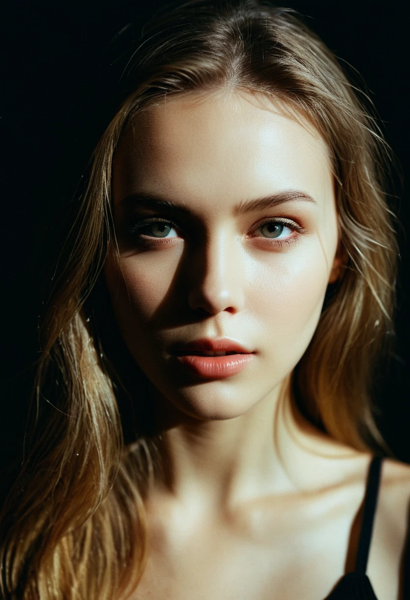 "memories are the water of life" (Misterious mood Soft Lighting Photography), stunning medium format analog photo, TWbabeXL01 beautiful (woman), A beautiful ((evil slavic woman)), pale skin, long dark blond hair, over the shoulde wide view, black over black background, highly detailed, detailed realistic photography, masterpiece half-body photo, finely detailed skin, emotional, professional color grading, epiCPhoto, OverallDetailXL analog grain, Fujifilm Astia, low contrast, OverallDetailXL