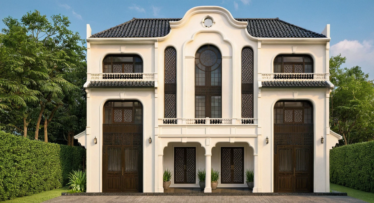Raw photo,Masterpiece, high quality, best quality, authentic, super detail,
exterior, outdoors, house style indochine on the street ,aiaigroup
road,pavement, grass, trees, sky, cloud, (day:1.1)