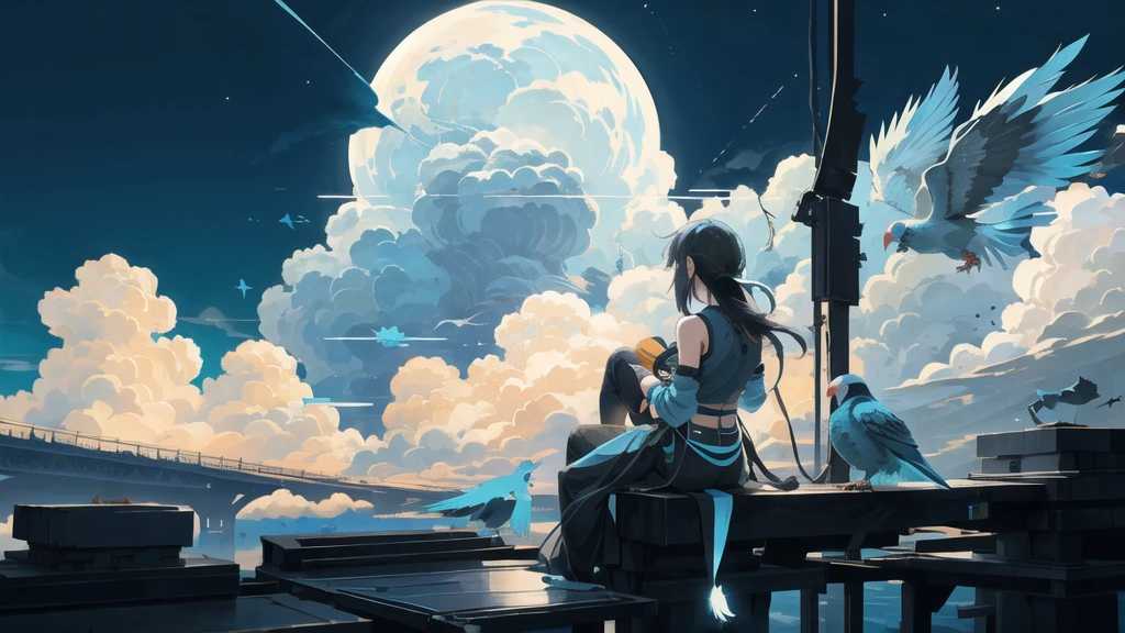 Octane, null, star (null), scenery, Blue Parakeet,starnull, night, One girl, Back view,nightnull, alone, Outdoor, Blue Parakeet,building, cloud, milky way, Sitting, wood, Long Hair, Acoustic guitar nearby,city, silhouette