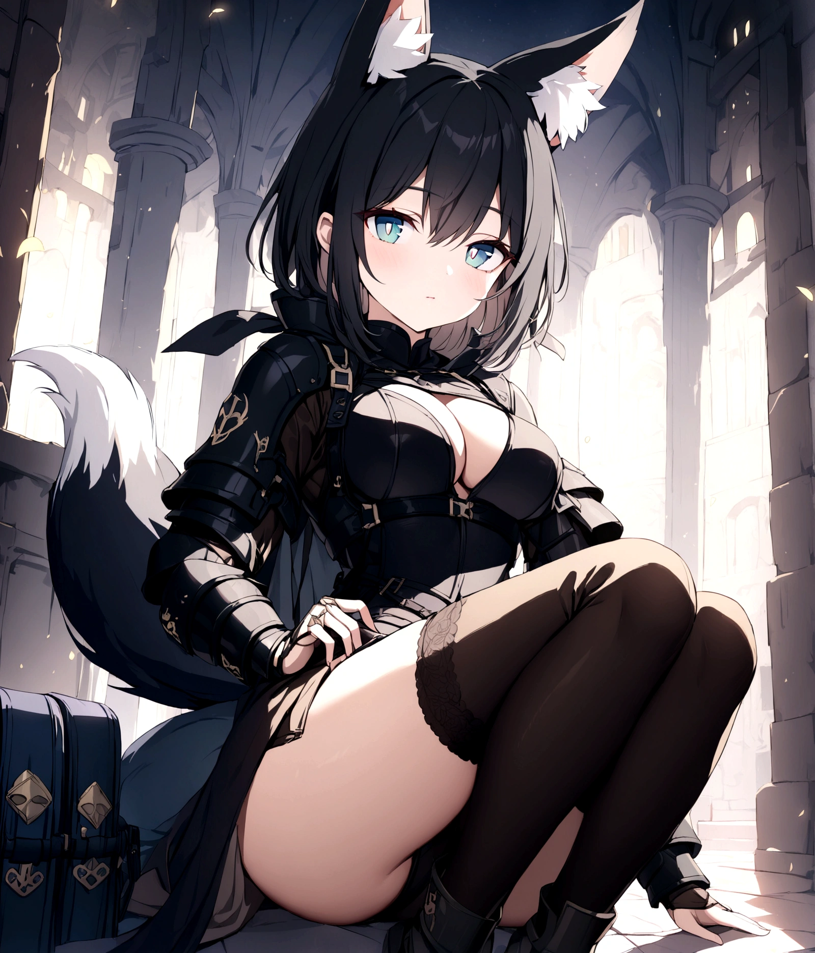 (1girl, Masterpiece, best quality) (detailed and beautiful eyes:1.6) (perfect hands, perfect anatomy) (full body)) (Mature) (Adult) Fox-girl Misaki has ((short black hair)), (Fox-ears). (She wears a black fantasy, medieval adventurer armor with additional coat.) ((She has a one black fluffly fox tail.)) She wearing Brown pants and has over-to-knee socks.