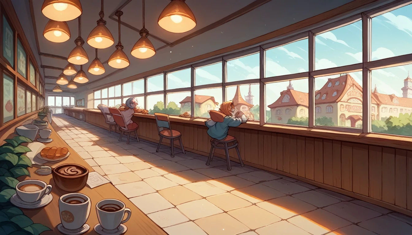 a cozy night time at a Parisian coffe shop interior with cozy lighting and sweets in the shelves. There are tables and coffee cups in the tables. There is a big window in the middle of the coffees hop and the outside view is this eiffel tower