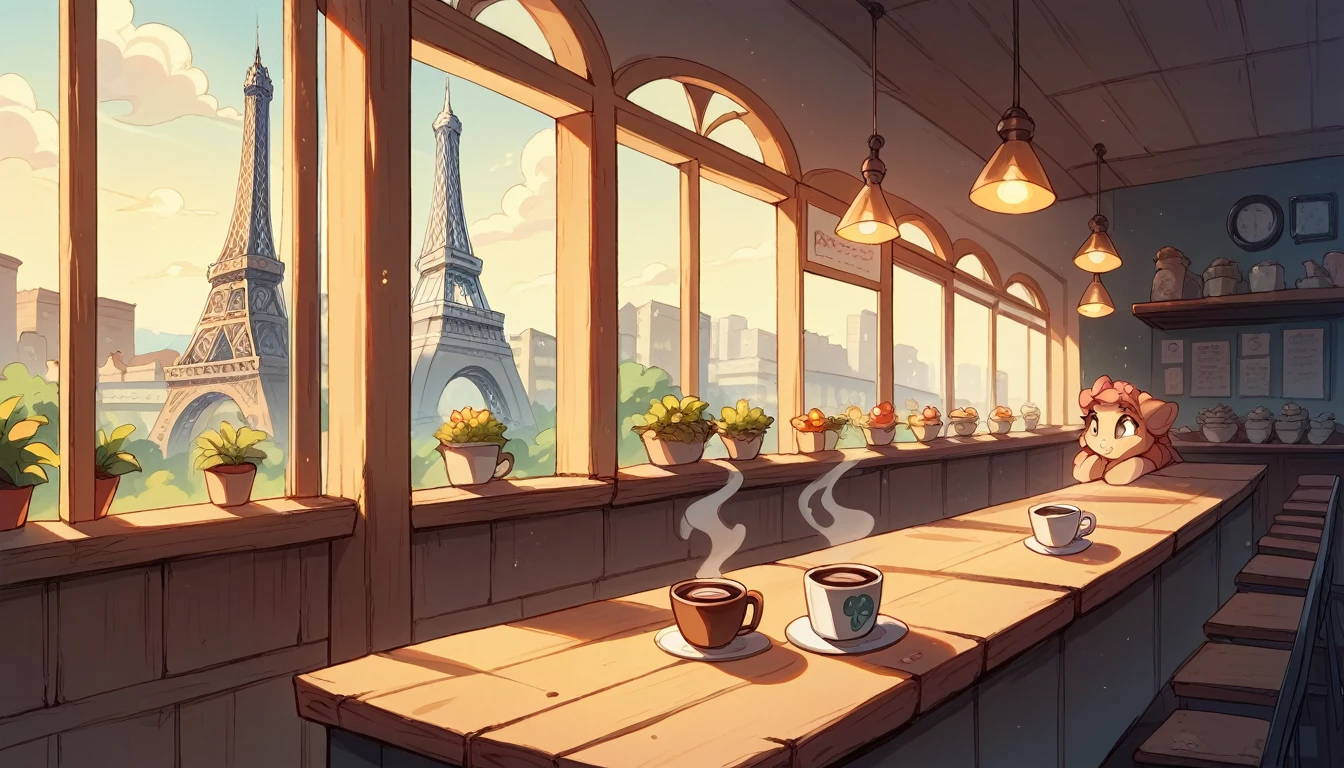 a cozy night time at a Parisian coffe shop interior with cozy lighting and sweets in the shelves. There are tables and coffee cups in the tables. There is a big window in the middle of the coffees hop and the outside view is this eiffel tower