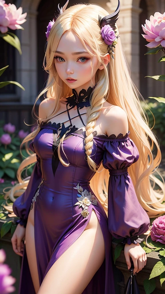 Beautiful long blonde hair woman with small devil wings and horns, wearing a purple off-the-shoulder dress holding a peony flower in a garden