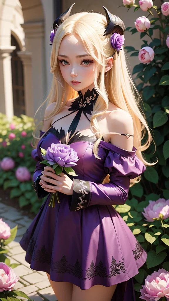 Beautiful long blonde hair woman with small devil wings and horns, wearing a purple off-the-shoulder dress holding a peony flower in a garden