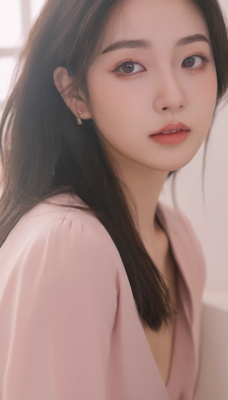 medium wide close-up, potrait, wide shoot, profile photo, front photo, 1girl, woman, (Photorealsitic)、(intricate detailes:1.2)、(​masterpiece、:1.3)、beauty face, (top-quality:1.4)、(超A high resolution:1.2)、超A high resolution、(A detailed eye)、(detailed facial features), ((Realistic lighting、top-quality、8K、natural light, ​masterpiece:1.3))、bright photo, Clear focus:1.2、1girl in、flawless beauty:1.4、Superfine Face、Narrow-eyed、double eyelid、photos realistic, perfect eyes, perfect skin, detailed skin, detailed face, looking viewer, front view, potrait, raw photo, simple soft pink background, (intricate detailed skin textured:1.4) front view, looking viewer, clear face,  1 girl、porate、Bright and very beautiful face、beautiful girl, A stunning close-up portrait showcasing the beauty of a Korean model. The composition features soft, natural lighting , bright eyes, and striking cheekbones. Her glossy,  The background is simply white background,  wear sweetshirt, neat hair, long hair, instagram model, profil picture, bright and natural