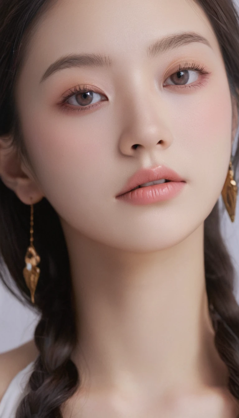 medium wide close-up, potrait, wide shoot, profile photo, front photo, 1girl, woman, (Photorealsitic)、(intricate detailes:1.2)、(masterpiece、:1.3)、beauty face, (top-quality:1.4)、(超A high resolution:1.2)、超A high resolution、(A detailed eye)、(detailed facial features), ((Realistic lighting、top-quality、8K、natural light, masterpiece:1.3))、bright photo, Clear focus:1.2、1girl in、flawless beauty:1.4、Superfine Face、Narrow-eyed、double eyelid、photos realistic, perfect eyes, perfect skin, detailed skin, detailed face, looking viewer, front view, potrait, raw photo, simple soft pink background, (intricate detailed skin textured:1.4) front view, looking viewer, clear face, 1 girl、porate、Bright and very beautiful face、beautiful girl, A stunning close-up portrait showcasing the beauty of a Korean model. The composition features soft, natural lighting , bright eyes, and striking cheekbones. Her glossy, The background is simply white background, wear sweetshirt, neat hair, long hair, instagram model, profil picture, bright and natural