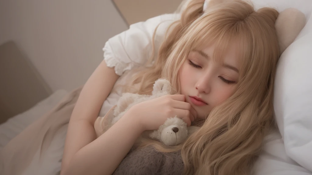 1girl, With stuffed bear, eyes closed. blush, perfect illumination, gold hair, unreal engine, side lighting, detailed face, bangs, light skin, simple background, dark background, bed, sleep, <la:makimaChainsawMan_v10:0.35