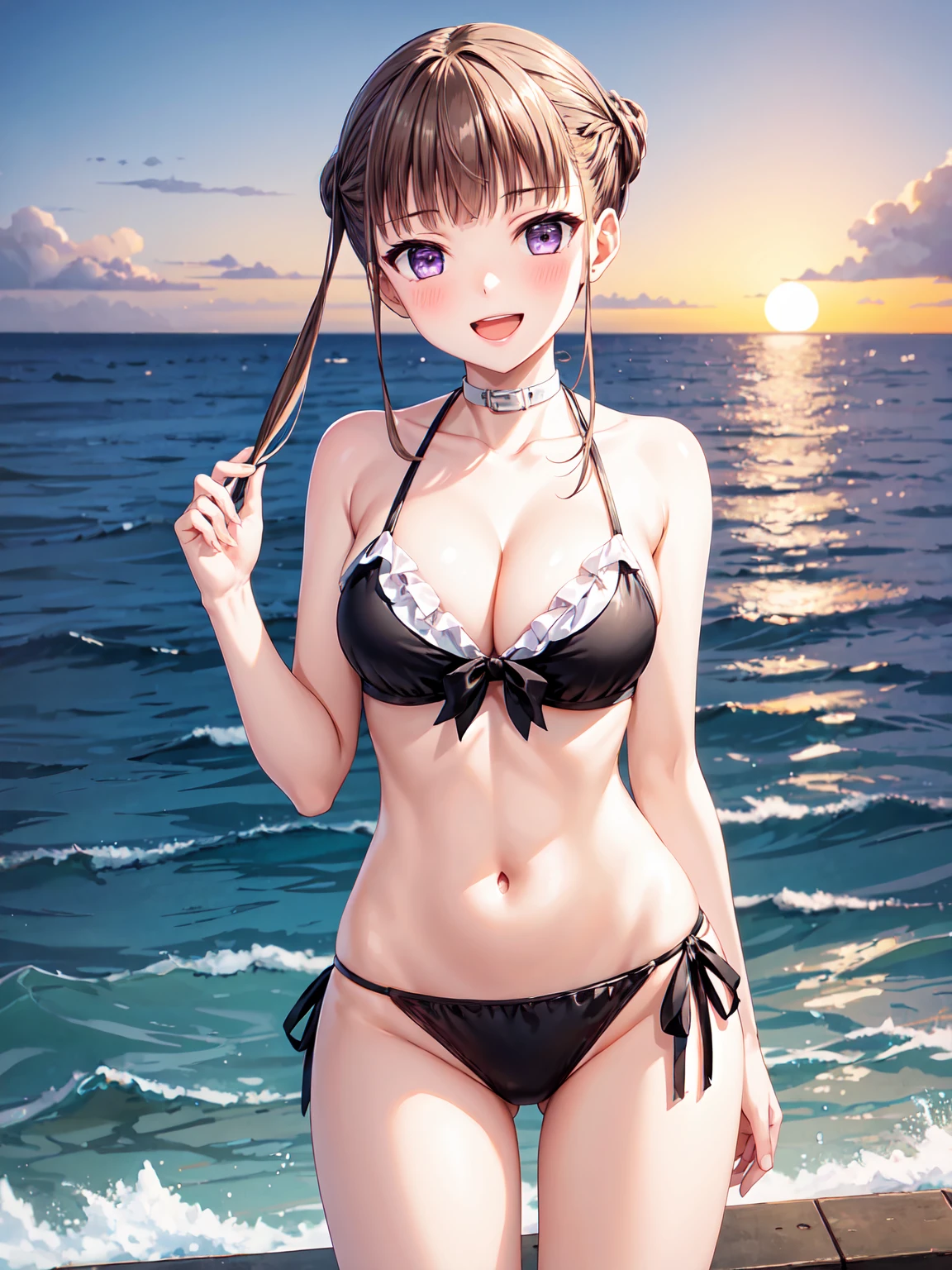 Masterpiece ,best quality , high resolution , (1 girl solo:1.38) , (nemu manaka, brown hair, sidelocks, (purple eyes:1.1), tall, slim body) , (wear bikini , head tilt) , (cleavage:1.2) , (medium breast:1.28) , (outdoor , sunset , dusk , on neach , sea , ocean , romance light) , (standing cowboy shot) , ( full face blush , shy , smile , open mouth) , (front view, face view , look at viewer)