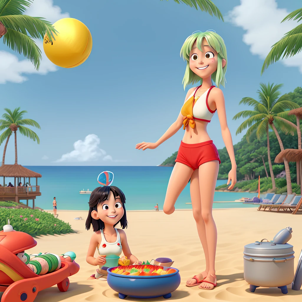 Ghibli style　Howl　Resort　Beach Volleyball　Ocean　barbecue　smile　Lots of tourists