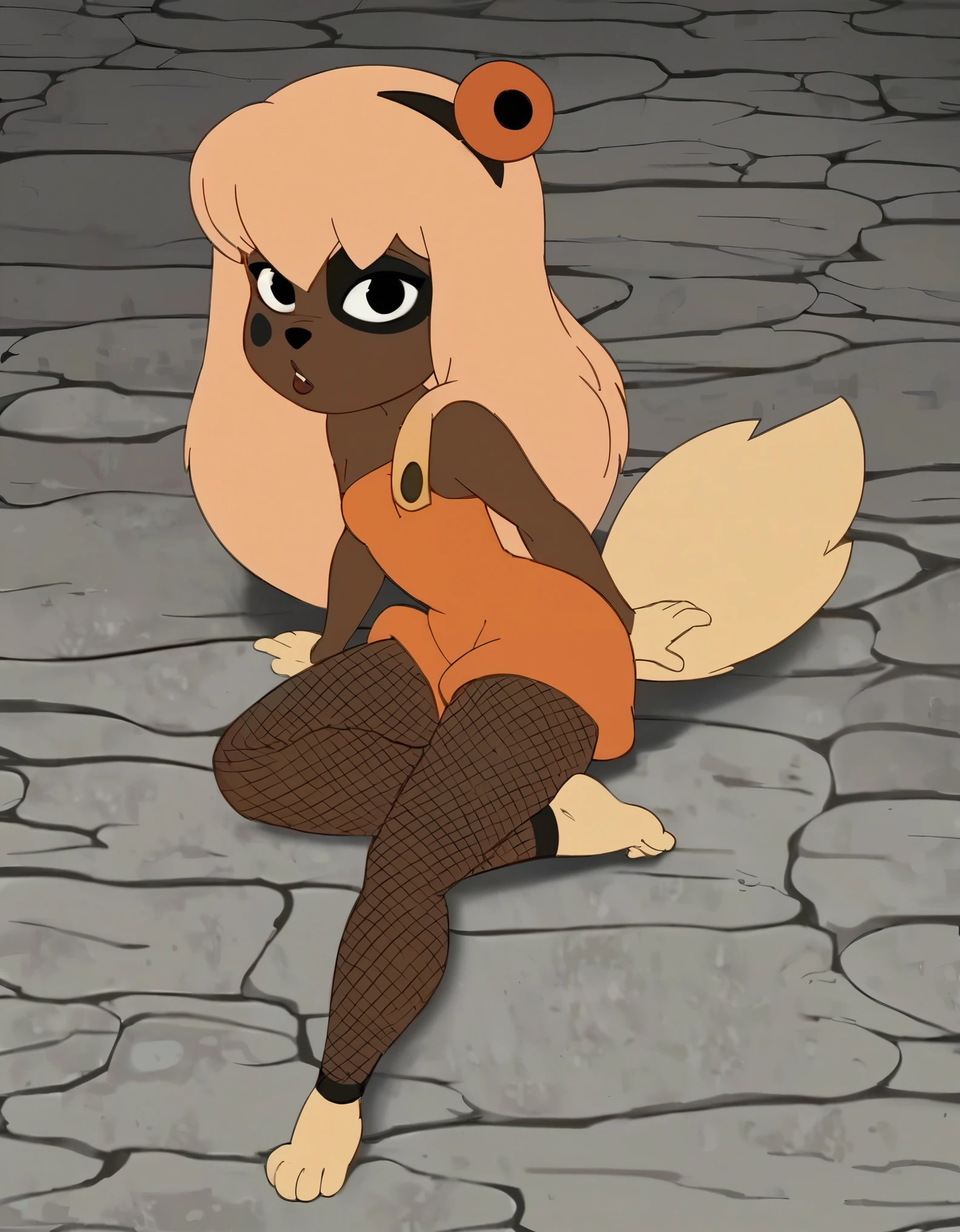 lilotte, solo, girl, dog ears, long hair, furry female, dog tail, long tail, big tail, barefoot, looking at viewer, blonde hair, black eyes, magnaluna, , fishnet bodysuit, fishnet, bodysuit, sexy