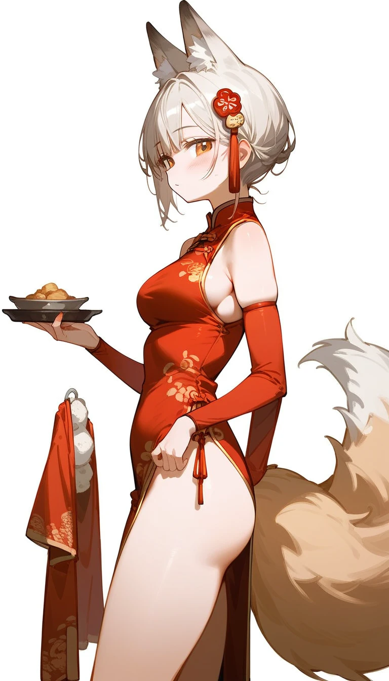 Exotic cartoon, oriental character, 1girl, breasts, tail, animal ears, solo, fox ears, fox tail, dress, skindentation, cheongsam, from the side, big, blush, white background, fox girl, looking viewer, bare shoulders, short hair, animal ear fluff, food, simple background, cheongsam, cowboy shot, removed sleeves, hair ornament, red dress, long sleeves, buttock
