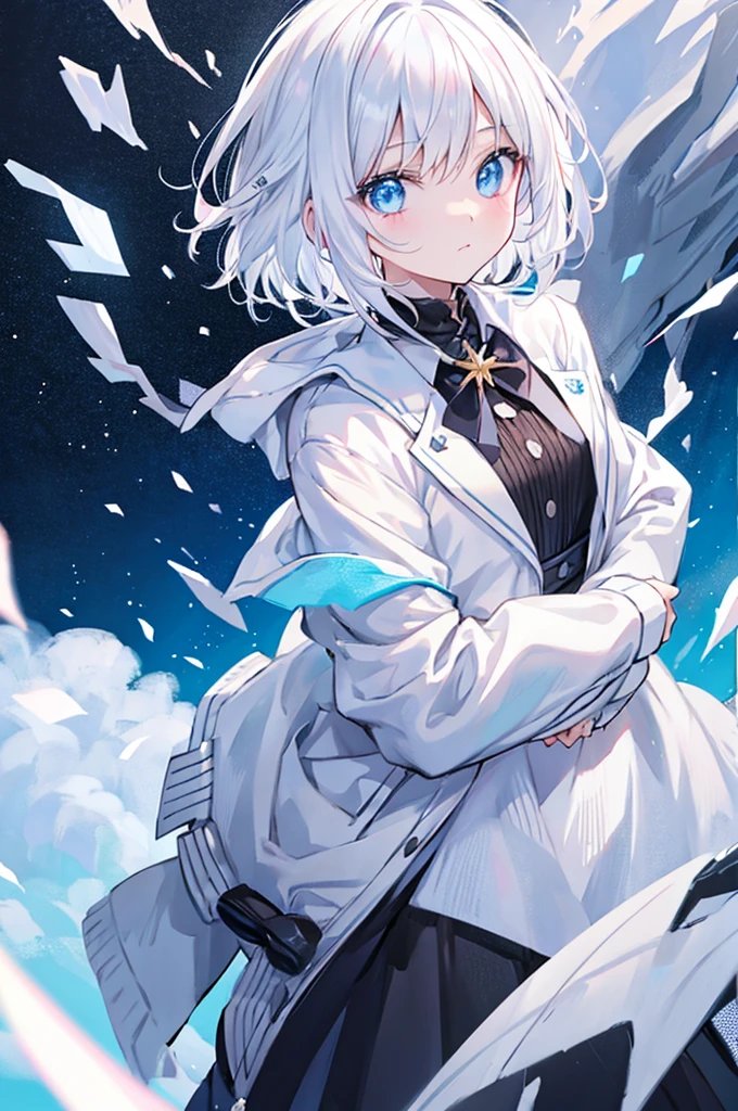 Bob、White Hair、Light blue eyes、Wearing a black pin、Casting magic