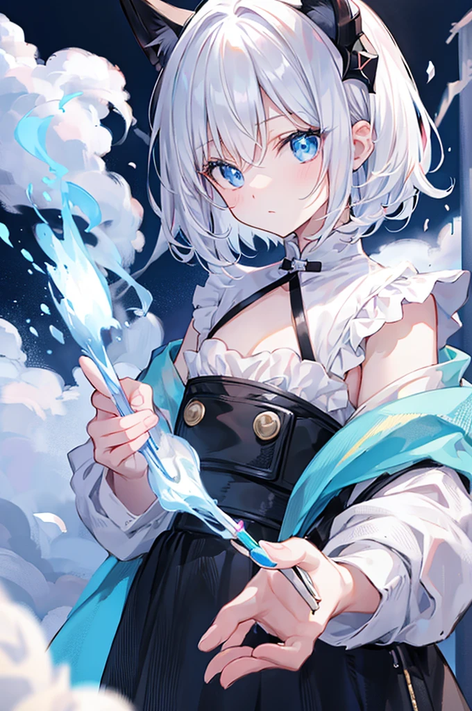 Bob、White Hair、Light blue eyes、Wearing a black pin、Casting magic