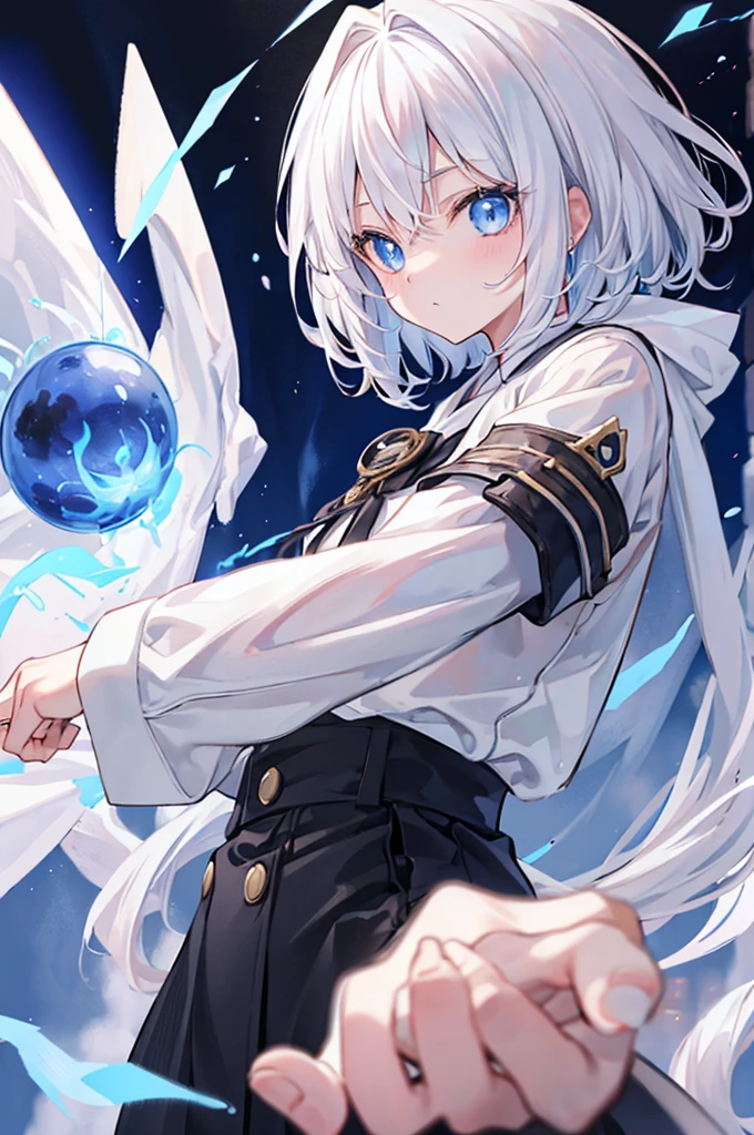 Bob、White Hair、Light blue eyes、Wearing a black pin、Casting magic