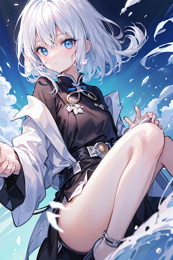 Bob、White Hair、Light blue eyes、Wearing a black pin、Casting magic