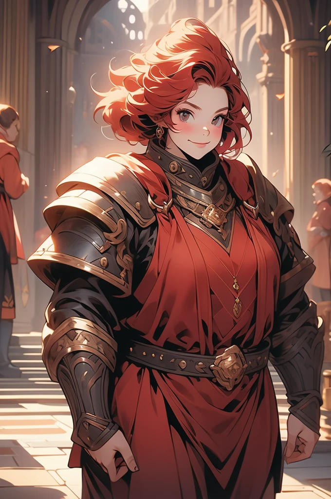 1girl, shortstack, plump, dwarf, looking up at viewer, short red hair, sassy smirk, leather armor, stone floor