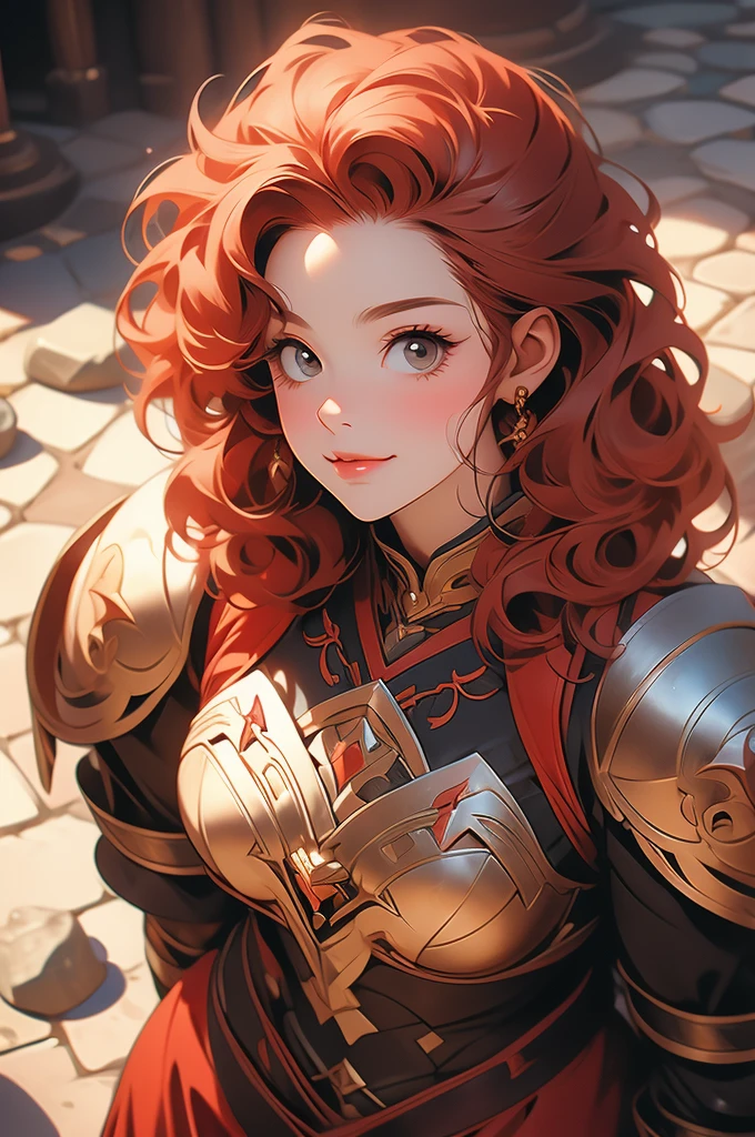 1girl, shortstack, plump, dwarf, looking up at viewer, short red hair, sassy smirk, leather armor, stone floor