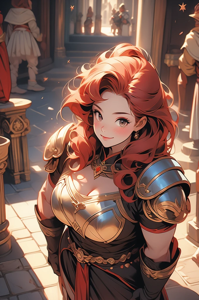 1girl, shortstack, plump, dwarf, looking up at viewer, short red hair, sassy smirk, leather armor, stone floor