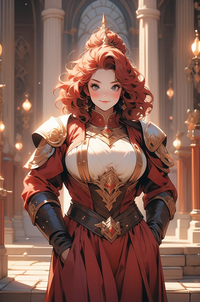 1girl, shortstack, plump, dwarf, looking up at viewer, short red hair, sassy smirk, leather armor, stone floor