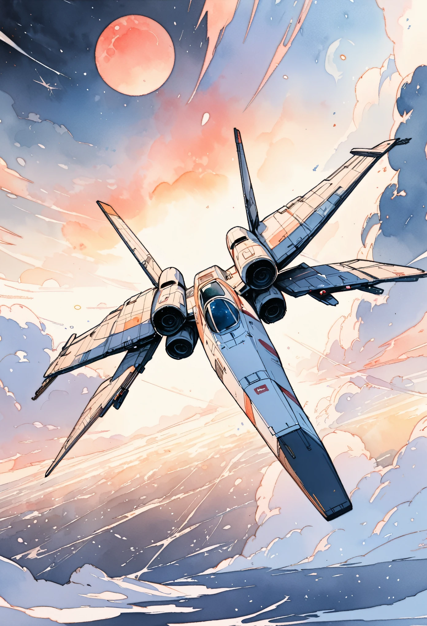 (masterpiece),(Highest quality),(Super detailed),(High resolution),((Line art)),((Watercolor)),8K,wallpaper,X-Wing,Star Wars,((universe)),dynamic