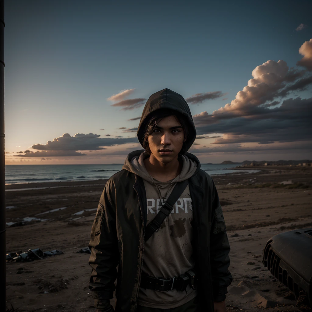 Create a 20-year-old boy searching and looking towards the horizon in a post-apocalyptic world wearing dark survivor clothing., The boy will have Mexican and American features combined, in addition to holding a p92 pistol ready to combat any enemy that finds itself in its path, the boy has a hood on 