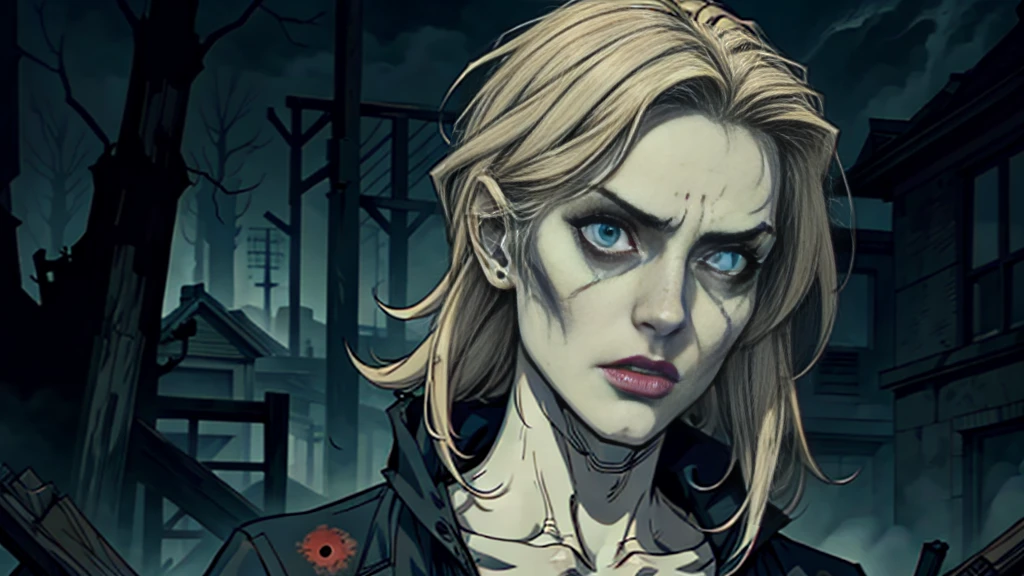 Create an anime-style illustration of a zombie. The scene should feature detailed and expressive artwork, with eerie and dark tones, capturing the unsettling and haunting essence of a zombie in a typical anime aesthetic. Ensure the zombie has realistic proportions, intricate detailing, and a chilling atmosphere.