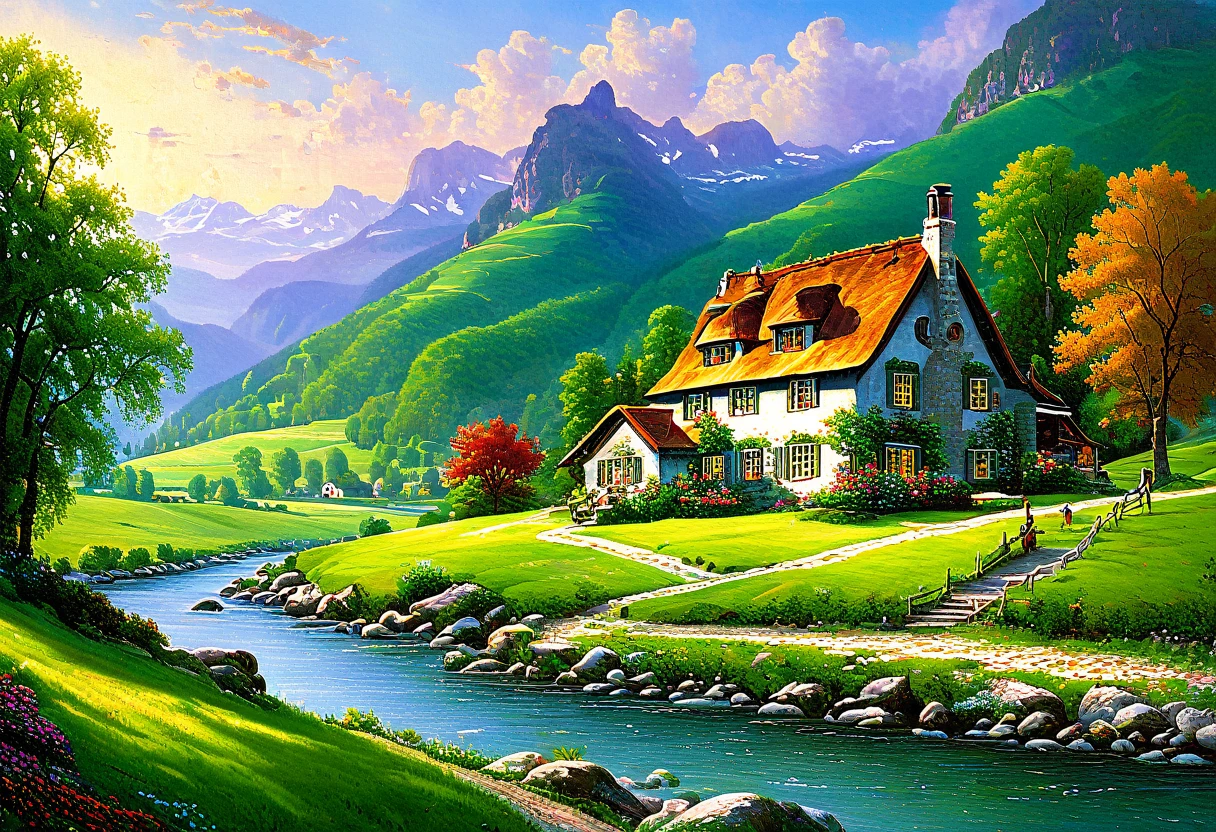 Painting of a country house in a river valley, Detailed painting by Franz Hegi, Shutterstock Contest Winner, naive art, Landscape painting 詳細, Landscape painting, Beautiful Valley, Thomas Kinkade, Serene landscape, Landscape - Scenery, dream scenery art, blissful landscape, Peaceful landscape, ( Thomas Kinkade ), Detailed Landscape — Width 672, idyllic cottage