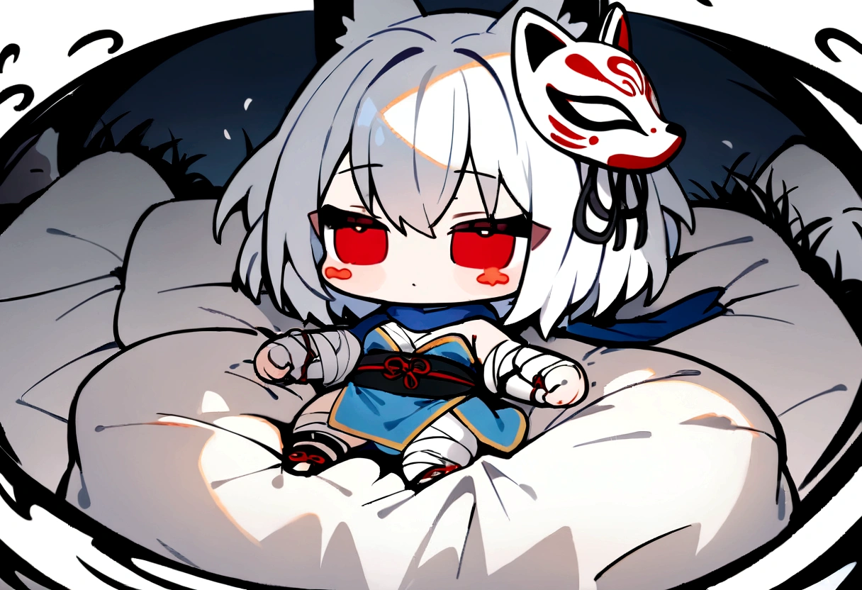 Get under the covers、Black Hai Niso。solo、1 person、whole body、Fall down、sleep、sleep、Stickers、White Gauntlet、chibi,No sleeve、Bleaching、(masterpiece, best quality:1.2), 1girl, 独奏,Wolf girl, fox mask, ninja, girl, white hair, odd eyes, blue kimono, ninja girl, red and blue scarf,Chibi Character、White background, fantastic atmosphere.White background、、Black fox mask、Fisheye Lens、hair、Bandage on chest、boy、Black fox mask、Blue Bondage