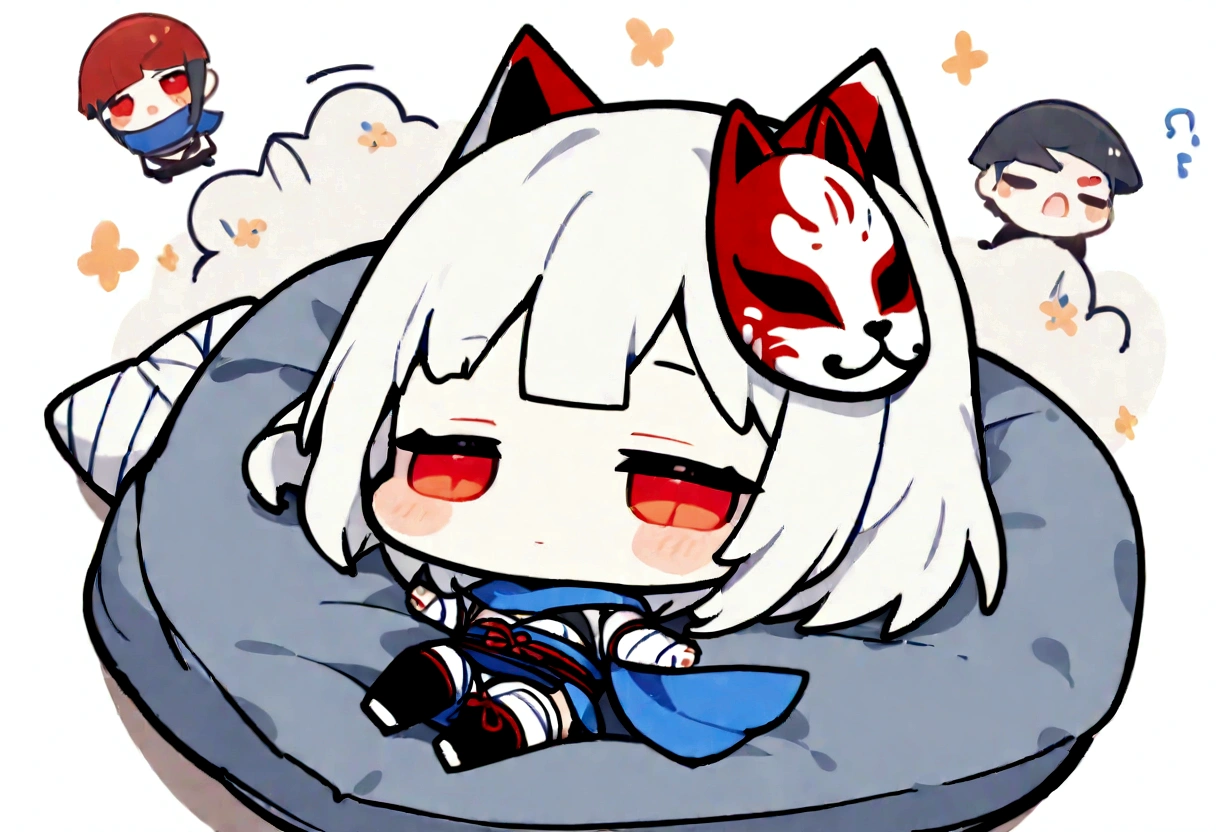 Get under the covers、Black Hai Niso。solo、1 person、whole body、Fall down、sleep、sleep、Stickers、White Gauntlet、chibi,No sleeve、Bleaching、(masterpiece, best quality:1.2), 1girl, 独奏,Wolf girl, fox mask, ninja, girl, white hair, odd eyes, blue kimono, ninja girl, red and blue scarf,Chibi Character、White background, fantastic atmosphere.White background、、Black fox mask、Fisheye Lens、hair、Bandage on chest、boy、Black fox mask、Blue Bondage