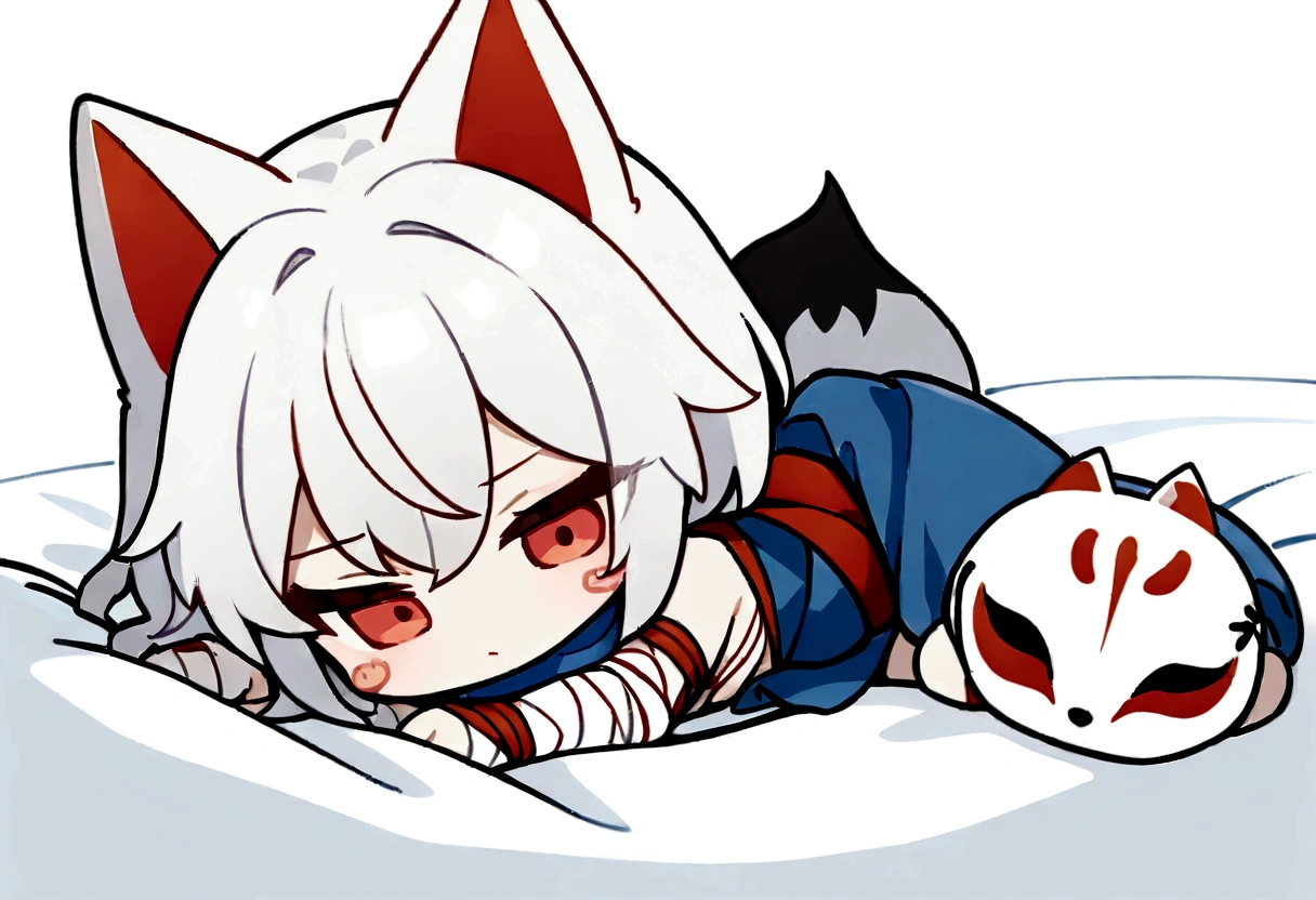 Get under the covers、Black Hai Niso。solo、1 person、whole body、Fall down、sleep、sleep、Stickers、White Gauntlet、chibi,No sleeve、Bleaching、(masterpiece, best quality:1.2), 1girl, 独奏,Wolf girl, fox mask, ninja, girl, white hair, odd eyes, blue kimono, ninja girl, red and blue scarf,Chibi Character、White background, fantastic atmosphere.White background、、Black fox mask、Fisheye Lens、hair、Bandage on chest、boy、Black fox mask、Blue Bondage