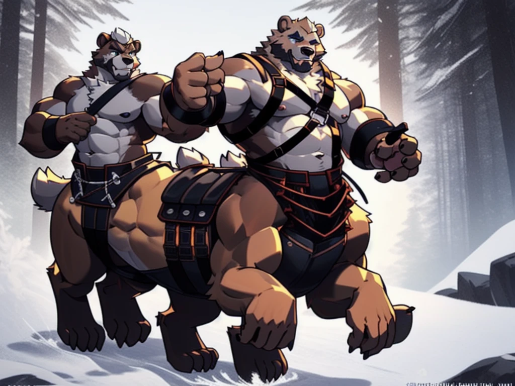 furry, fur taur, brown beartaur, middle-age, detailed face, bear ears, bear eyes(brown), bear nose(black), bear mouth, garibaldi beard(white), mature hair(white), detailed arms(strongest), hands(5 fingers), detailed body belly, muscle belly(white), chest harness, detailed taur body, bear paws, bear tail