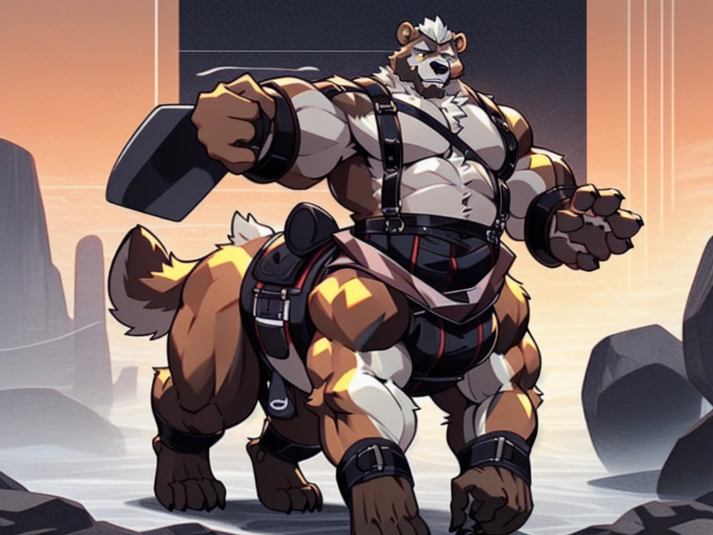 furry, fur taur, brown beartaur, middle-age, detailed face, bear ears, bear eyes(brown), bear nose(black), bear mouth, garibaldi beard(white), mature hair(white), detailed arms(strongest), hands(5 fingers), detailed body belly, muscle belly(white), chest harness, detailed taur body, bear paws, bear tail