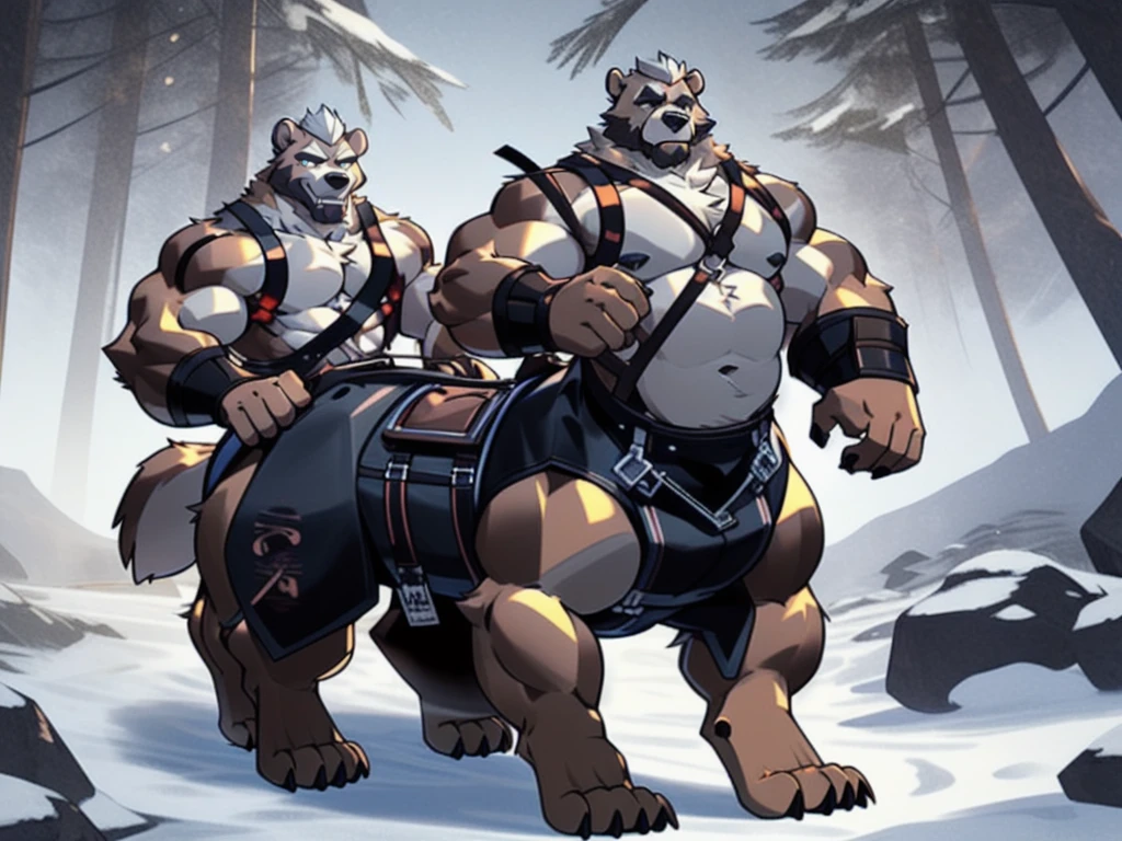 furry, fur taur, brown beartaur, middle-age, detailed face, bear ears, bear eyes(brown), bear nose(black), bear mouth, garibaldi beard(white), mature hair(white), detailed arms(strongest), hands(5 fingers), detailed body belly, muscle belly(white), chest harness, detailed taur body, bear paws, bear tail