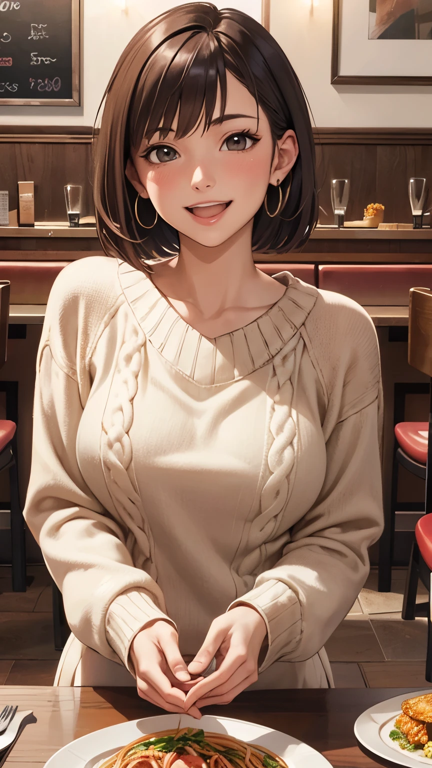 (masterpiece), (Highest quality), High resolution, Super detailed, Realistic, 8K, A complicated face, Detailed body, Detailed face, beautiful,
Break 1 Girl, alone, short hair, Brown Hair, bangs, (Wearing a sweater dress), Hoop Earrings BREAK Family Restaurant, table, Italian food, pasta, Smile, Open your mouth wide, blush, from the front, Captivating smile