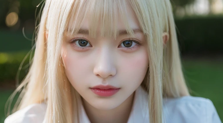 (Long Hair, bangs, Platinum Blonde Hair:1.2),(Wearing school uniform:1.2),1 girl,Japanese,21 years old,(Small breasts:1.3),(Highest quality,masterpiece:1.3,超A high resolution,),(Ultra-detailed,Caustics),(Photorealistic:1.4,RAW shooting,)Ultra-Realistic Capture,Very detailed,High resolution 16K human skin close-up。 Natural skin texture、,Pores、、It needs to be detailed enough to be easily identifiable。 Skin should be even-toned and healthy looking。 Use natural light and colour, Sad expression, Looking at the camera, Perfect dynamic composition, Outdoor