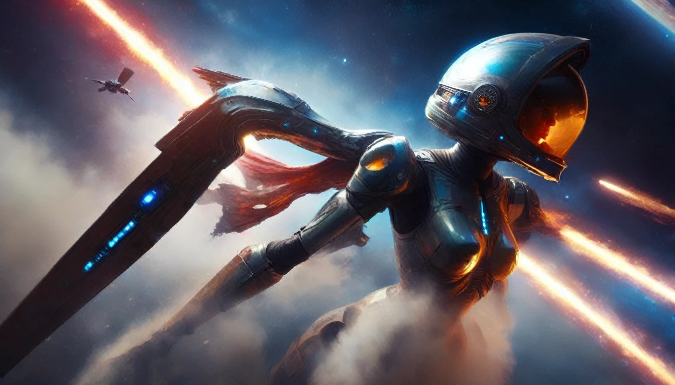 A dramatic battle scene,Shows a deep space battle in a far corner of the galaxy. More than a dozen powerful、Sleek starships are engaged in a fierce battle, The spacecraft's engines roar,The ship's shields gleam,The galaxy is full of aid and battles, Distant stars are visible in the background, Illuminated by the blue of the battlefield. The image covers the entire visible range, Demonstrating the complexity of large-scale space combat. Wide-angle lens, Long-term contact, High contrast