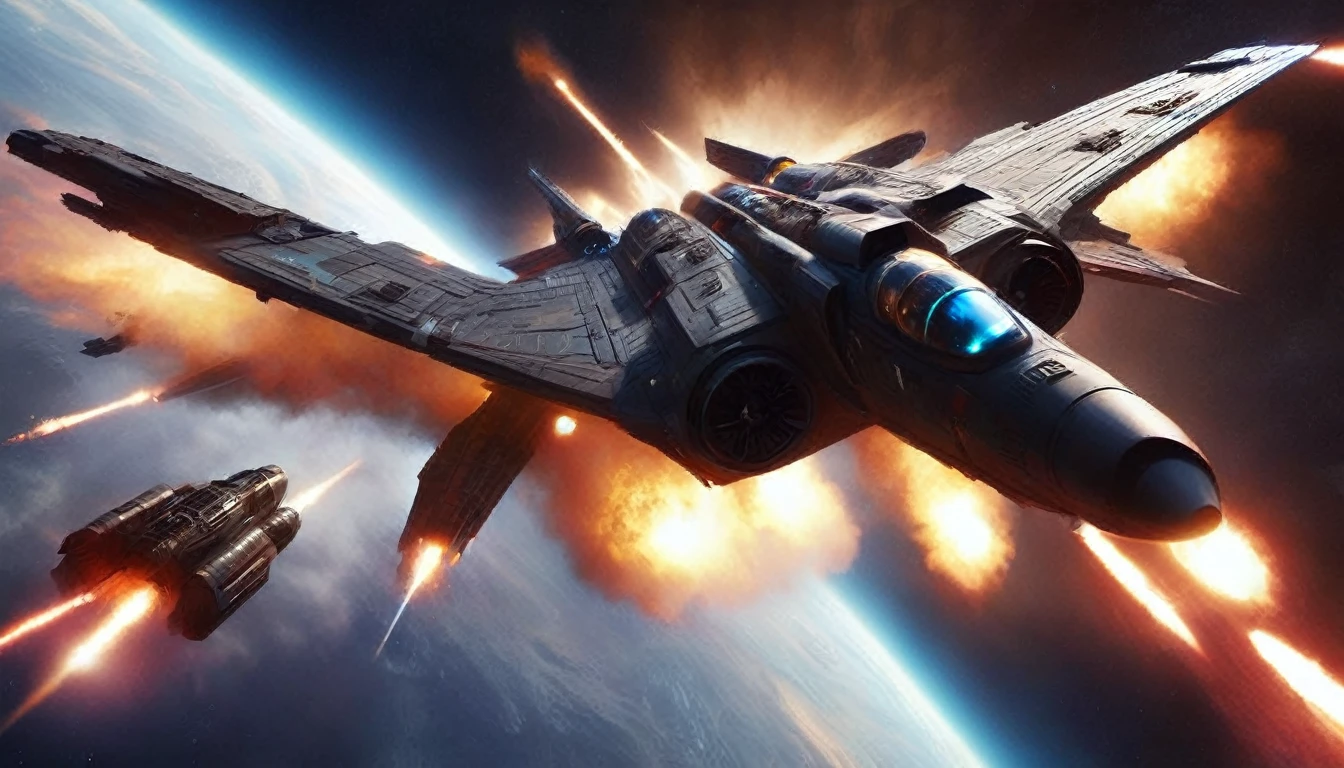 A dramatic battle scene，Shows a deep space battle in a far corner of the galaxy. More than a dozen powerful、Sleek starships are engaged in a fierce battle, The spacecraft&#39;s engines roar，The ship&#39;s shields gleam，The galaxy is full of aid and battles, Distant stars are visible in the background, Illuminated by the blue of the battlefield. The image covers the entire visible range, Demonstrating the complexity of large-scale space combat. Wide-angle lens, Long-term contact, High contrast