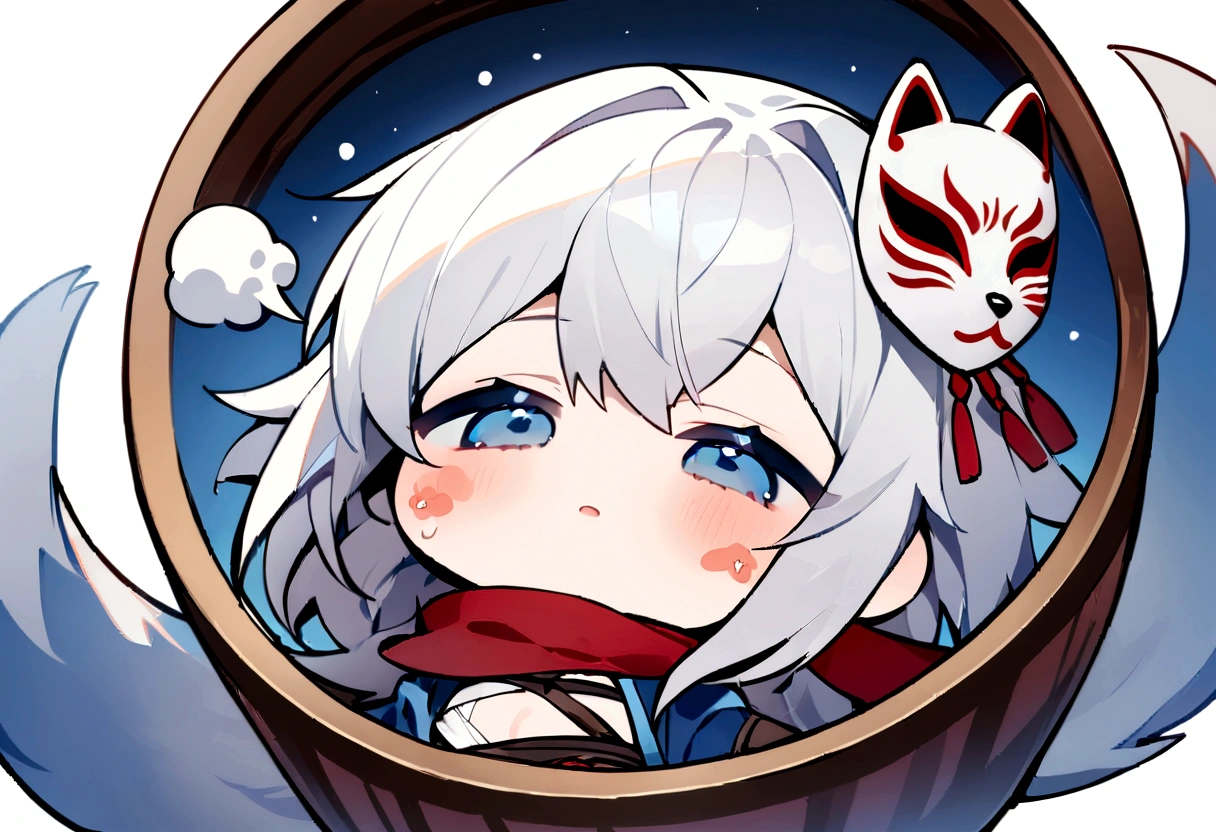 drink alcohol、Black Hai Niso。solo、1 person、whole body、Fall down、sleep、sleep、Stickers、White Gauntlet、chibi,No sleeve、Bleaching、(masterpiece, best quality:1.2), 1girl, 独奏,Wolf girl, fox mask, ninja, girl, white hair, odd eyes, blue kimono, ninja girl, red and blue scarf,Chibi Character、White background, fantastic atmosphere.White background、、Black fox mask、Fisheye Lens、hair、Bandage on chest、boy、Black fox mask、Blue Bondage