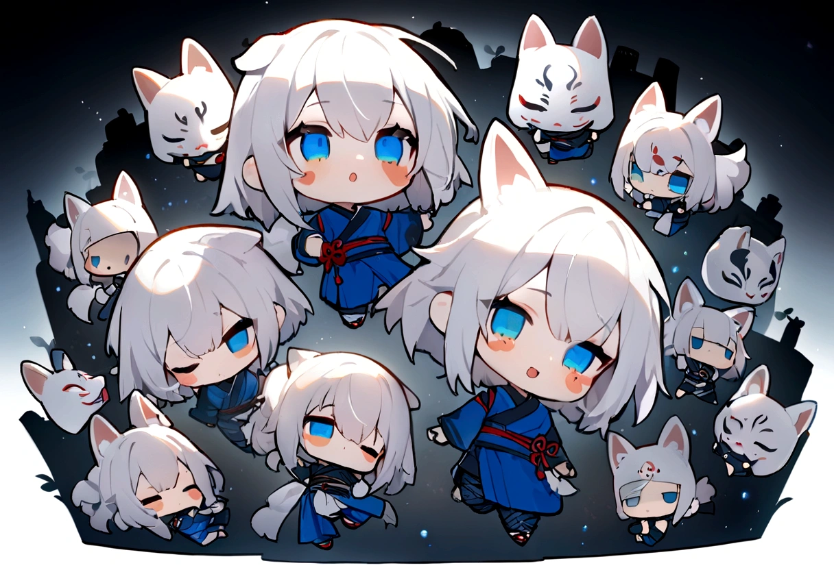 drink alcohol、Black Hai Niso。solo、1 person、whole body、Fall down、sleep、sleep、Stickers、White Gauntlet、chibi,No sleeve、Bleaching、(masterpiece, best quality:1.2), 1girl, 独奏,Wolf girl, fox mask, ninja, girl, white hair, odd eyes, blue kimono, ninja girl, red and blue scarf,Chibi Character、White background, fantastic atmosphere.White background、、Black fox mask、Fisheye Lens、hair、Bandage on chest、boy、Black fox mask、Blue Bondage