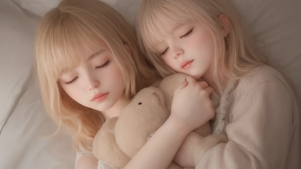 1girl, With stuffed bear, eyes closed. blush, perfect illumination, gold hair, unreal engine, side lighting, detailed face, bangs, light skin, simple background, dark background, bed, sleep, <la:makimaChainsawMan_v10:0.35
